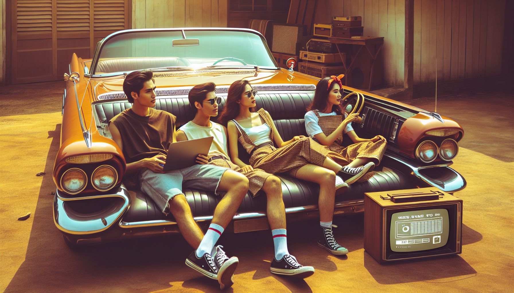 Seorang pemuda sedang melakukan kustomisasi pada mobil retro klasik berwarna cerah, menunjukkan gaya hidup pecinta mobil vintage.